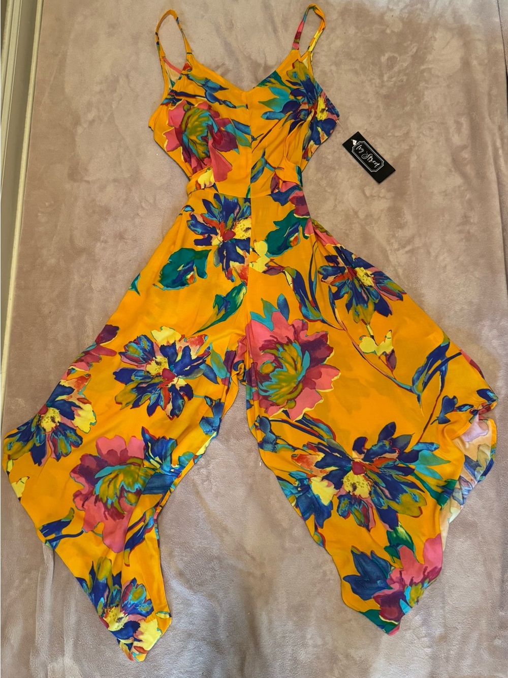 Bright Floral Spaghetti-Strap Jumpsuit in Yellow